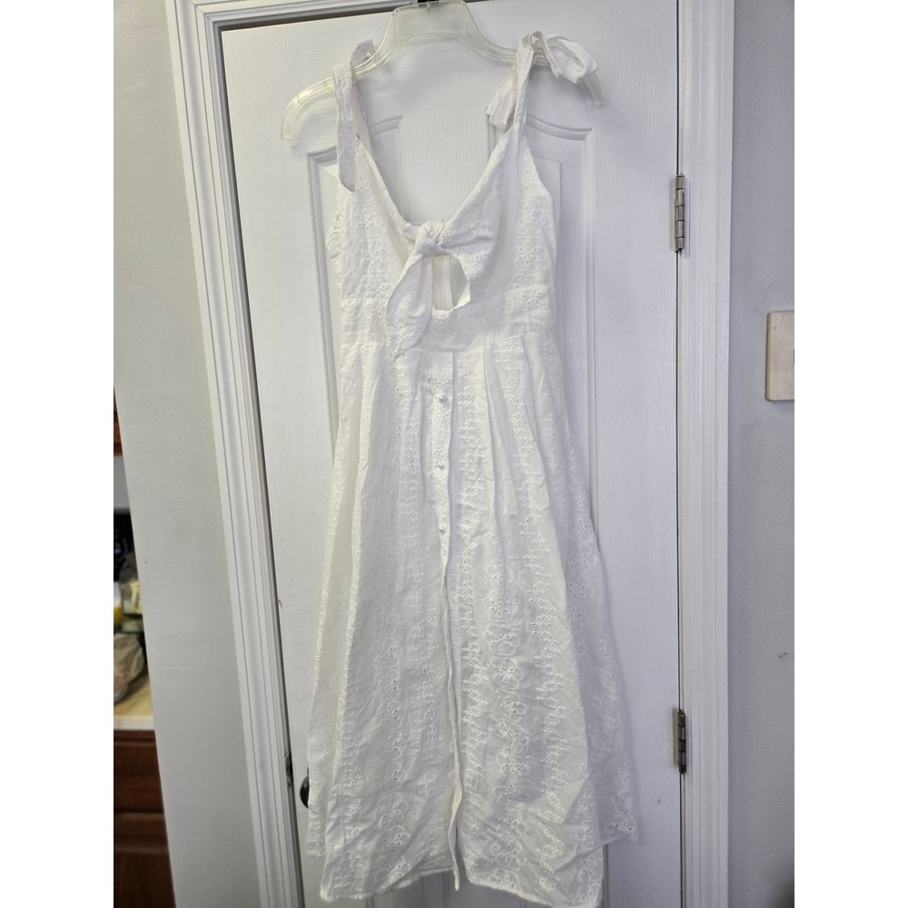 White Eyelet‎ Tie Front Midi Dress Pearl Button Detail Sleeveless Boho Sundress